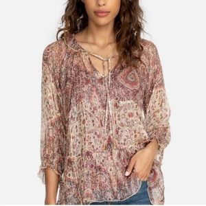 Johnny Was Bilbao Tiered Top, silk with metallic threads